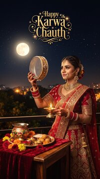 Woman celebrating karwa chauth holding sieve and diya near festive table under moonlight.