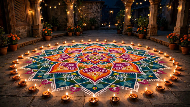 Colorful rangoli with glowing diyas at night celebrating Diwali festival of lights
