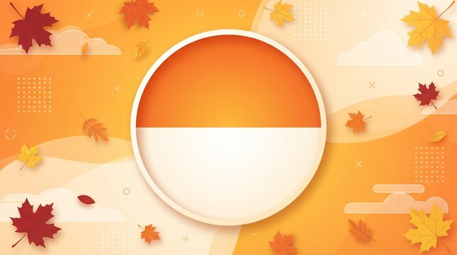 Vibrant autumn background featuring colorful fall leaves and geometric shapes surrounding empty circular frame