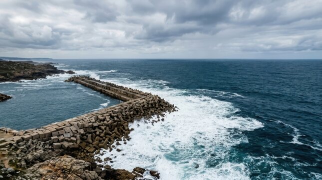 Rocky breakwater extending into the deep blue ocean under a cloudy sky, waves crashing against the stone structure, a dramatic coastal seascape