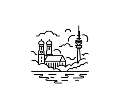 Minimalist line art illustration of the Munich city skyline featuring the iconic Frauenkirche cathedral towers and the Olympic TV tower over the Isar river in Germany.