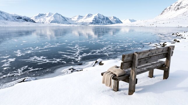 serene winter landscape with wooden bench overlooking frozen lake and snow-capped mountains