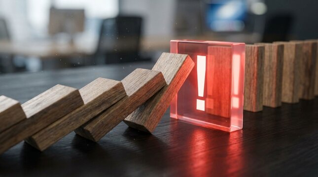 Red glowing exclamation mark glass block halts falling wooden dominoes on office table, representing crisis prevention and proactive risk management