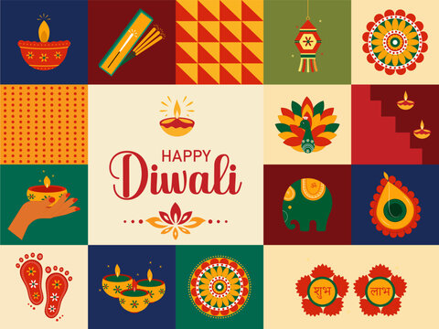 Happy Diwali Indian Festival of lights trendy abstract flat vector illustration with colorful icons abstract background.