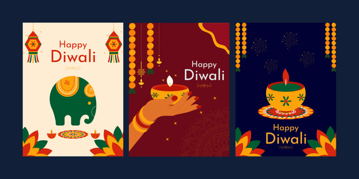 Happy Diwali Indian Festival of lights trendy abstract flat vector illustration set.