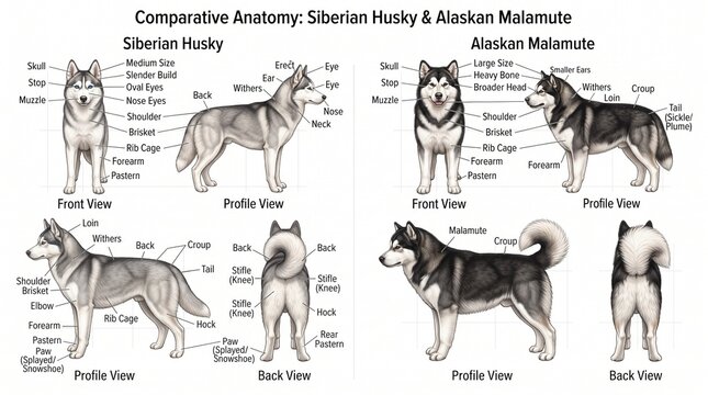 Comparative Anatomy Chart Displaying Sled Dog And Large Working Dog Features