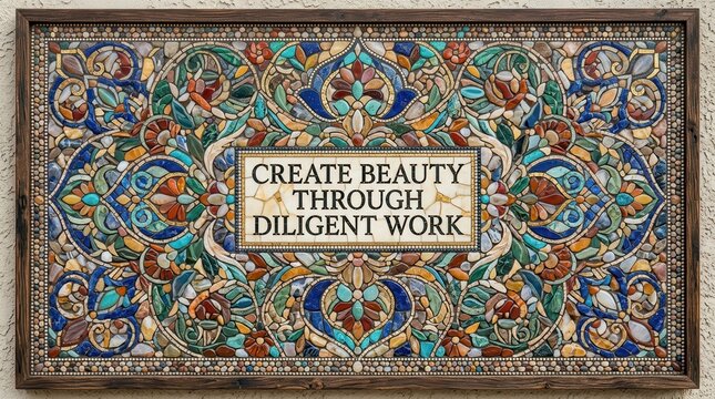 Intricate mosaic artwork with inspirational quote 'Create Beauty Through Diligent Work' in ornate