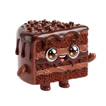 Cute 3D slice of chocolate cake character with dripping icing and a happy face isolated on white background