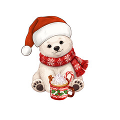 Cute Christmas Polar Bear Cub with Santa Hat and Hot Cocoa Illustration © RatnaIka