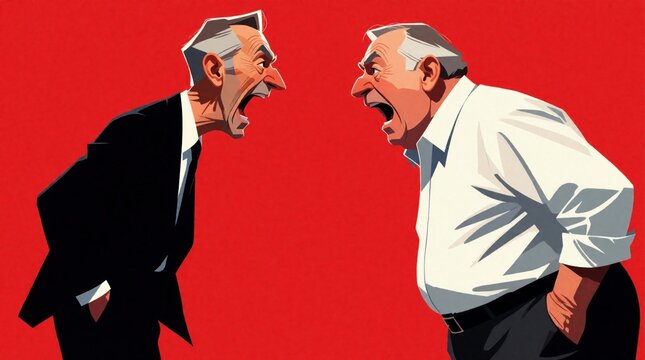 Two angry senior men scream at in intense argument. Elderly male characters yell with loud rage, fury on red background. Aggressive confrontation between old men during heated conflict shouting match