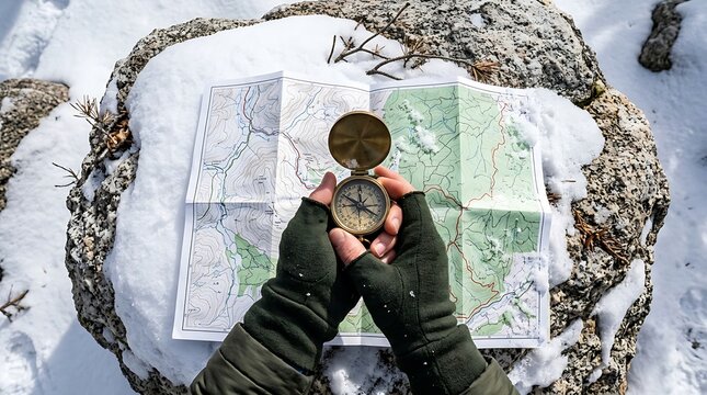 first person view of hiker using compass and map in snowy mountains