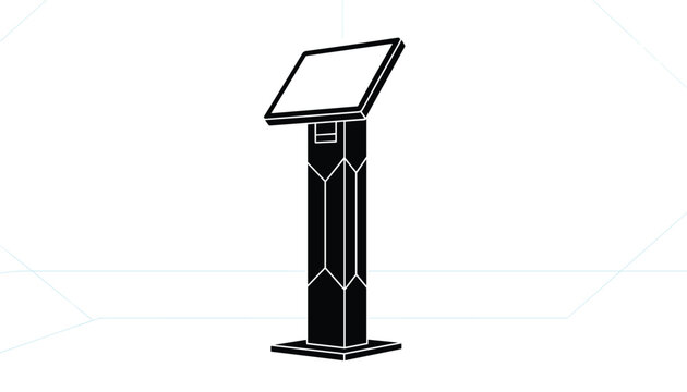 Isometric vector illustration of a modern black digital kiosk touch screen terminal stand against a clean light background.