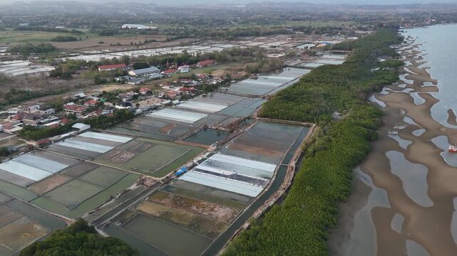 Aerial view of coastal aquaculture ponds and salt pans by the sea