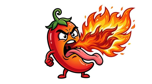 Cartoon red chili pepper character breathing fire isolated on a white