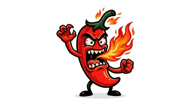 Angry red chili pepper character breathing fire isolated on a white