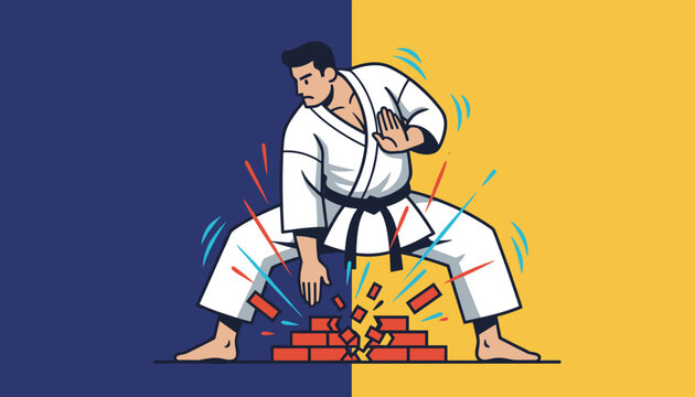Dynamic flat vector illustration of a martial artist in a white karate uniform breaking wooden boards with a powerful punch.