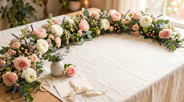 elegant floral garland runner with pink roses ranunculus eucalyptus and lavender arranged across white linen tablecloth with small vase and greeting card for wedding or festive celebration