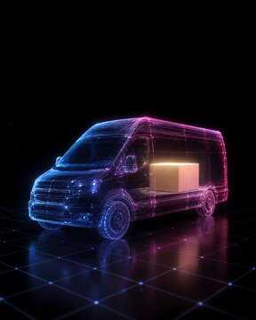Digital Logistics Network Neon Wireframe Van Delivering Encrypted Data Package in a Secure Future