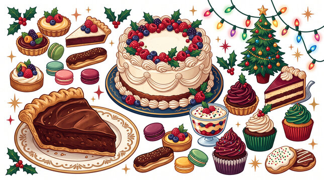 A festive collection of Christmas treats, including cakes, pies, tarts, macarons, and cookies, with a decorated Christmas tree and festive lights