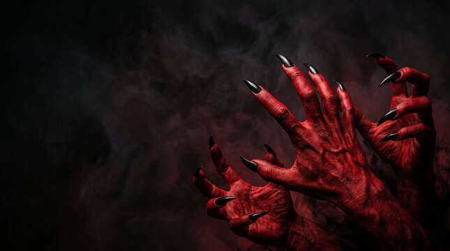 Red demon hands with sharp black claws against a dark, smoky background, symbolizing evil, horror, and the supernatural.