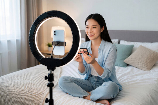 Young female content creator records makeup tutorial video using smartphone, ring light. Sits on bed in cozy bedroom, showing cosmetic palette to camera. Digital influencer creates social media