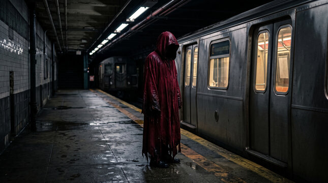A figure in a red hooded cloak stands on a wet subway platform beside a train, evoking mystery and isolation