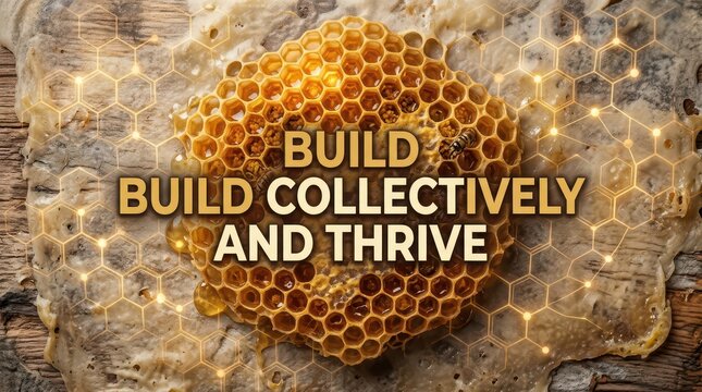 Honeycomb structure with bee and text "BUILD COLLECTIVELY AND THRIVE" on textured background