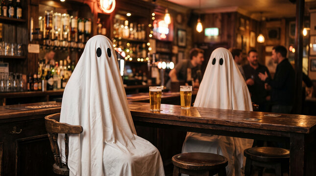 Two figures in white ghost costumes sit at a wooden bar, with beers in front of them, symbolizing a festive Halloween gathering.