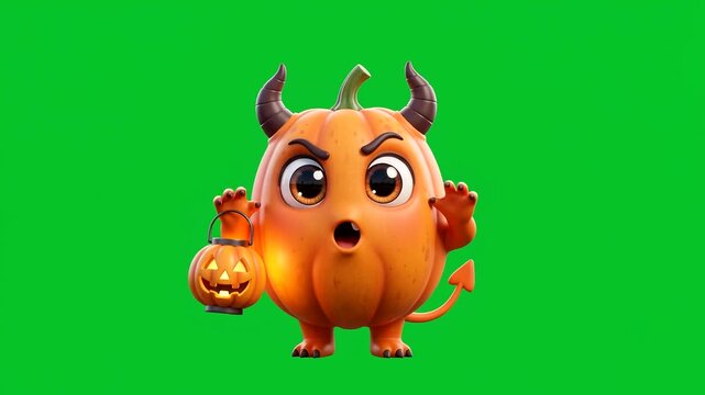 Cute cartoon devil pumpkin monster holding lantern for Halloween isolated on green