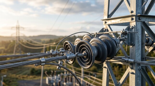 High voltage electrical transmission tower with ceramic insulators and power lines at sunset.