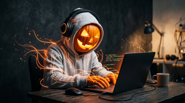 Pumpkin hacker in hoodie and headphones coding on laptop, digital circuit pattern, symbolizing technology and Halloween