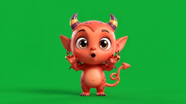 Cute cartoon devil character for Halloween holiday with horns and tail isolated on green background