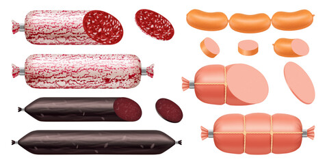 Assortment of frankfurters, smoked and boiled sausages. Whole and sliced natural meat products. Vector butcher shops and delicatessen branding. Restaurant menus and commercial food promotion. © Sensvector