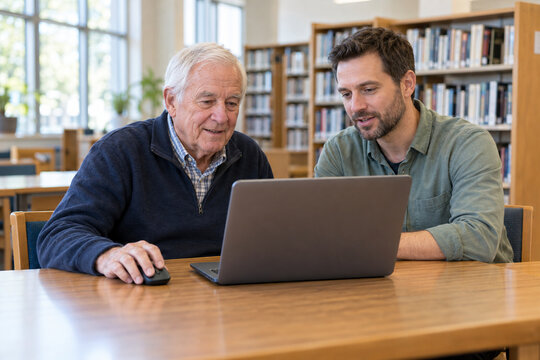 Senior man learning laptop skills with a tutor in a library