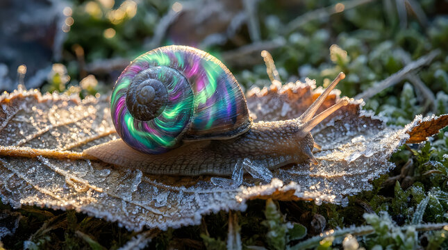 Iridescent snail shell on a frost covered leaf in a garden setting
