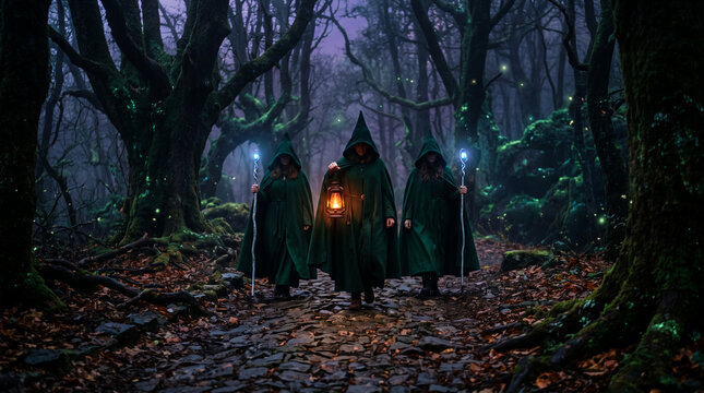 Ethereal figures in green cloaks walk a stone path in a foggy forest, holding a lantern and staffs, symbolizing mystery and enchantment.