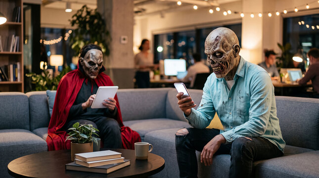 Two people in zombie masks on a couch using devices, symbolizing modern life, Halloween, and digital engagement with a spooky twist