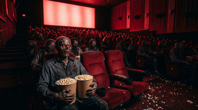 Undead audience in a dark cinema with red lighting, holding popcorn. Symbolizes horror, fright, and entertainment, representative of a scary movie experience.