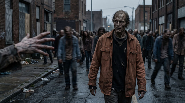 A group of zombies walking down a derelict urban street, symbolizing horror, survival, and apocalypse themes