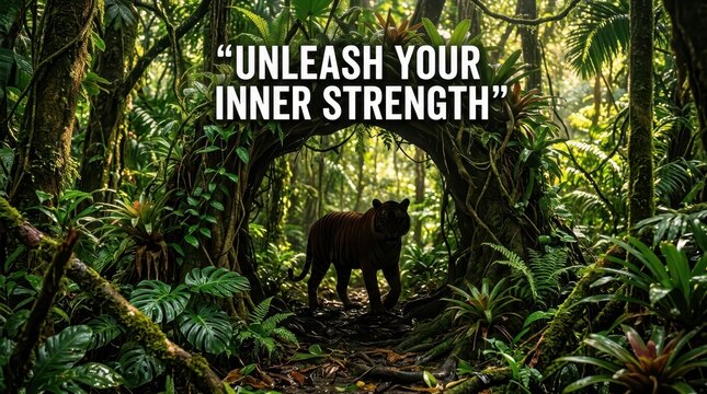 Jaguar in lush jungle archway, symbolizing inner strength and wild nature