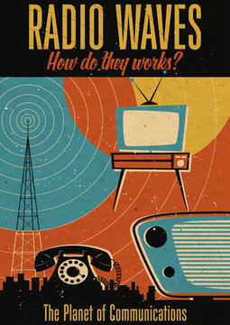 1950s - 1960s Science and Technology Magazine Cover Style Illustration, Vintage Colors, Retro Communications, Aged Paper Texture