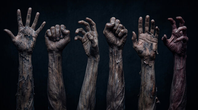 Dirty, decaying hands with peeling skin in various poses, symbolizing struggle, decay, and the macabre, perfect for horror or dramatic concepts
