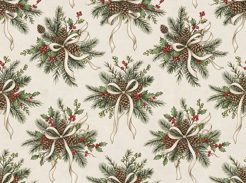 Winter holiday pattern with pine cones fir branches holly berries and white bows for decor items.