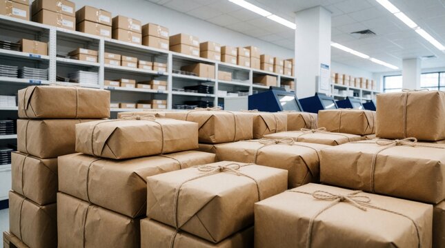 Many brown paper wrapped parcels stacked in post office warehouse. Cardboard boxes with twine sit on shelves, floor. Organized shipping center shows tidy storage for logistics, delivery service,