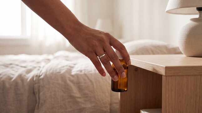 Indian woman resting with wellness supplement bottle in modern bedroom