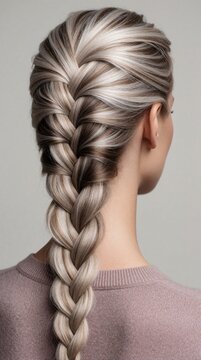 Back view of young woman with elegant blonde braided hairstyle. Intricate hair plait shows modern beauty trends, salon style. Detailed hair texture looks soft, pro. Perfect concept for hair care