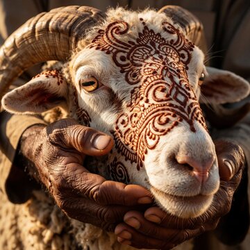 Close up of weathered farmer hands holding decorated ram. Male worker touches sheep head with intricate henna patterns for Eid ul adha festival. Traditional ritual celebration with animal during