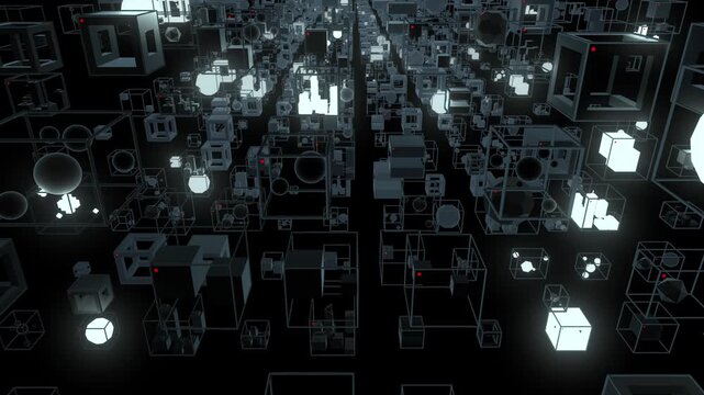 futuristic 3D motion background featuring a complex grid network of floating abstract geometric cubes, wireframe structures, glowing spheres, and technological elements in dark monochromatic tones.