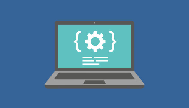 Open laptop computer on a blue background displaying a software development screen with code braces and a system settings gear icon.