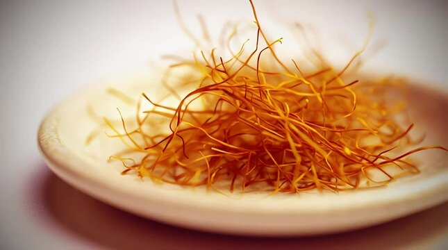 Vibrant saffron threads piled on a small white plate, showcasing the rich color and delicate texture of this prized spice, perfect for culinary creations